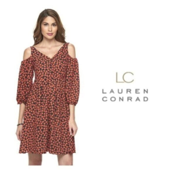 LC Lauren Conrad Womens Black Red Hearts Cold Shoulder Baby Doll Dress Sz XS New - Picture 7 of 8